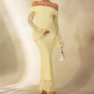 Elegant Off-Shoulder Lace Dress in Yellow